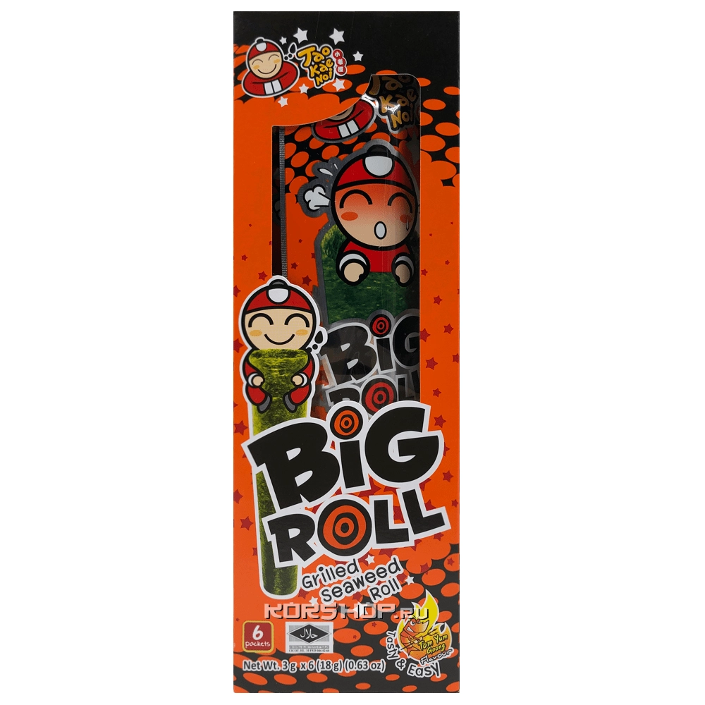 Жареный на гриле ролл из морских водорослей со вкусом Том Ям Кунг Big Roll Tao Kae Noi, Таиланд, 18 г Жареный на гриле ролл из морских водорослей со вкусом Том Ям Кунг Big Roll Tao Kae Noi, Таиланд, 18 г