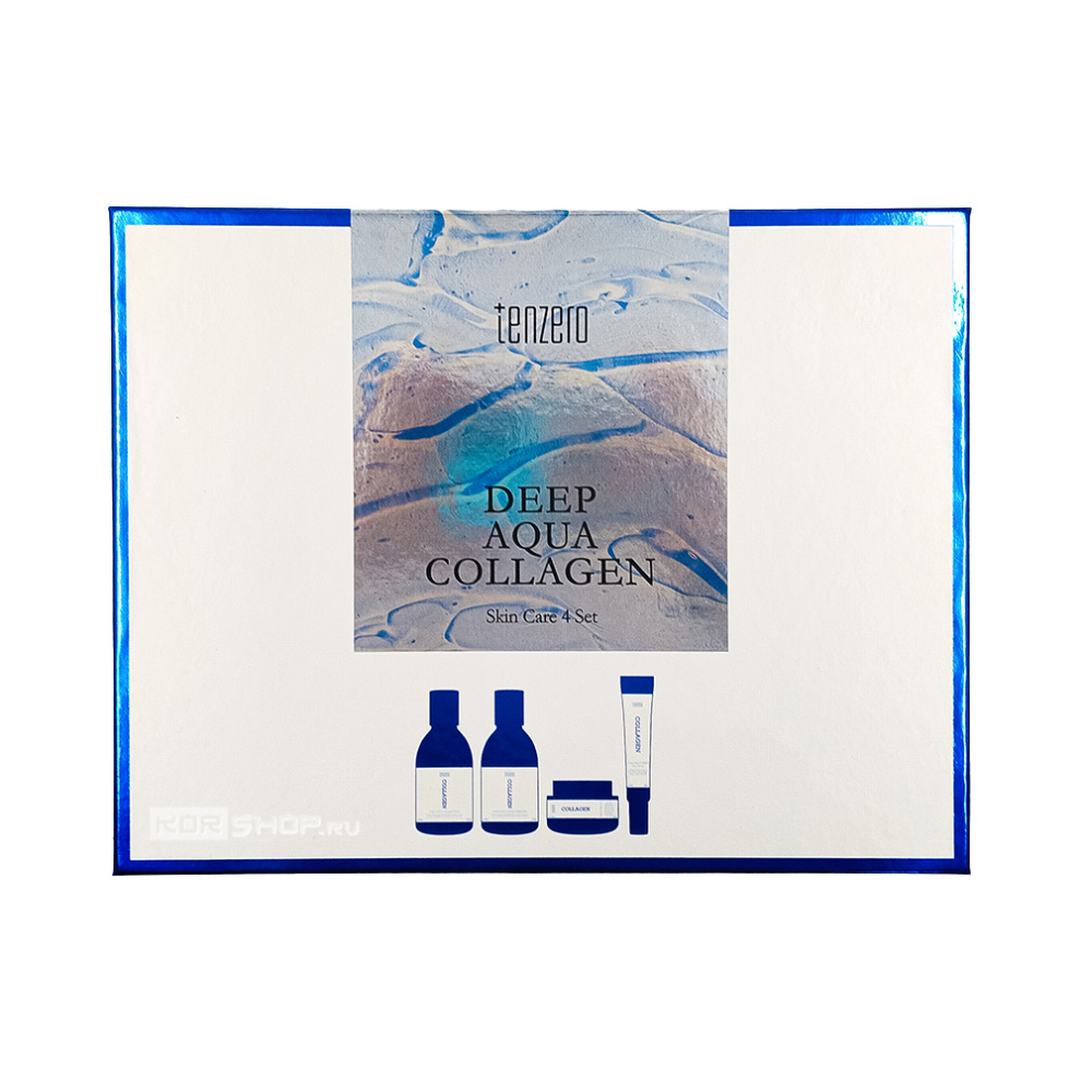 Набор для ухода за лицом глубокоувлажняющий с коллагеном (тонер 200 мл, эмульсия 200 мл, сыворотка 30 мл, крем 100 мл) Deep Aqua Collagen Skin Care 4 Set Tenzero, Корея