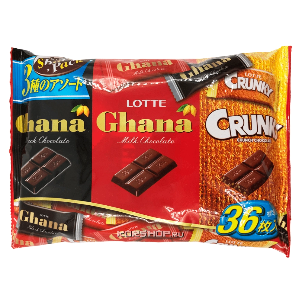 Шоколадное ассорти (молочный, темный, хрустящий шоколад) Crunky Ghana Lotte, Япония, 134 г.