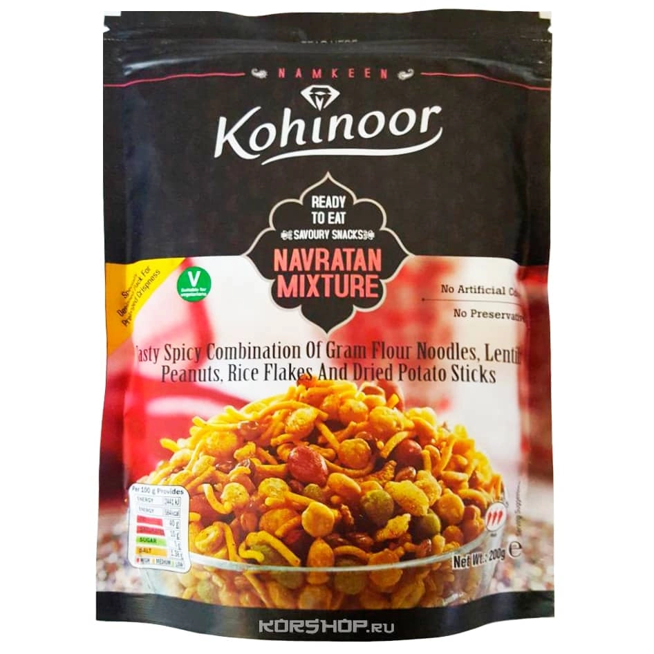 Пряное ассорти из картофельной соломки, чечевицы, арахиса, фасоли и картофельной соломки Navratan Mixture Kohinoor, Индия, 200 г Пряное ассорти из картофельной соломки, чечевицы, арахиса, фасоли и картофельной соломки Navratan Mixture Kohinoor, Индия, 200 г