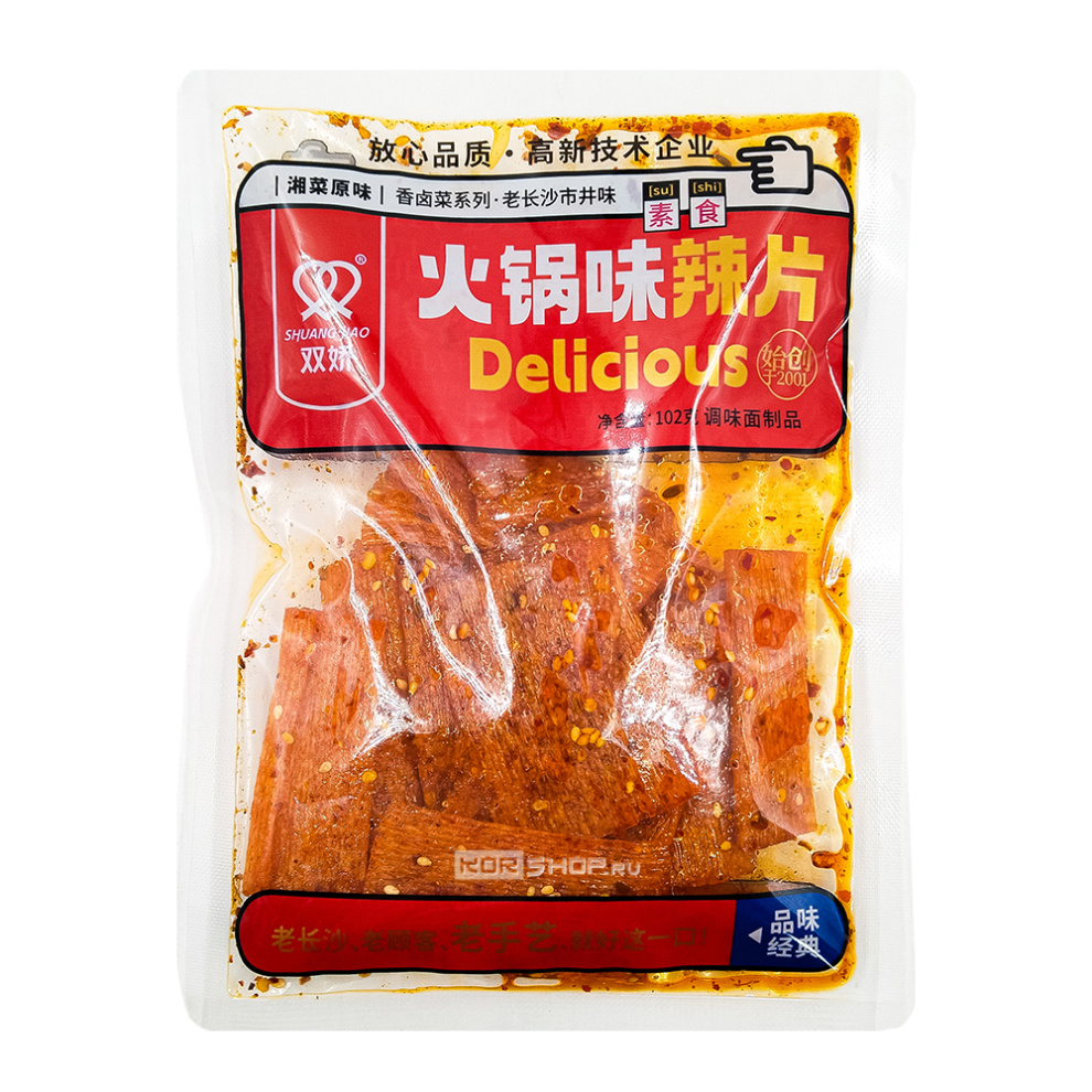 Снеки соевые слайсы остро-пряные Delicious Shuangjiao, Китай, 102 г. Срок до 18.07.2025.