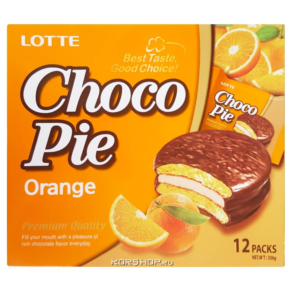 Прослоенное глазированное печенье со вкусом апельсина Choco Pie Orange Lotte, Корея, 336 г