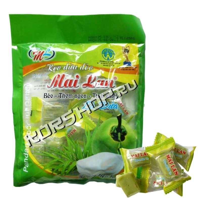 Вьетнамские кокосовые конфеты с панданом Май Лан (Sua-Dua) 250гр Вьетнамские кокосовые конфеты с панданом Май Лан (Sua-Dua) 250гр