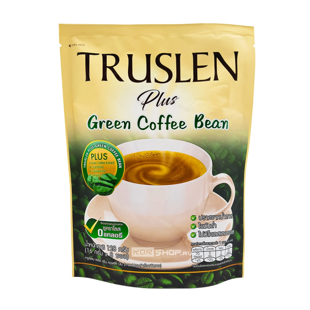Кофейный напиток с добавлением зеленых кофейных зерен Plus Green Coffee Bean Truslen, Таиланд, 128 г (8 пакетиков по 16 г) Кофейный напиток с добавлением зеленых кофейных зерен Plus Green Coffee Bean Truslen, Таиланд, 128 г (8 пакетиков по 16 г)