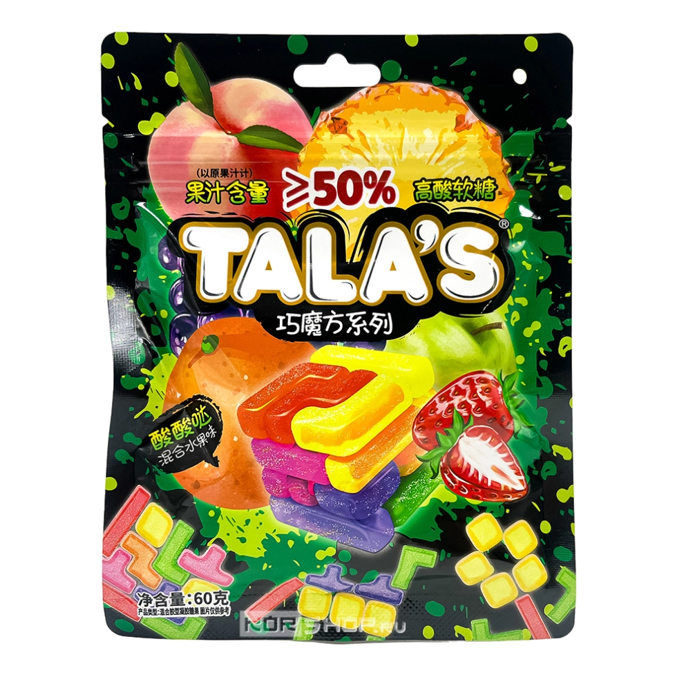 Жевательный мармелад с фруктовым соком в кислой посыпке Микс фруктов Magic Cube Tala's, Китай, 60 г Жевательный мармелад с фруктовым соком в кислой посыпке Микс фруктов Magic Cube Tala's, Китай, 60 г