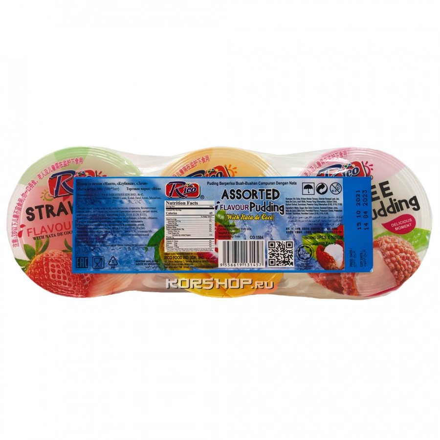 Пудинг со вкусом клубники, личи и манго с кокосовым желе Rico, Малайзия, 300 г.