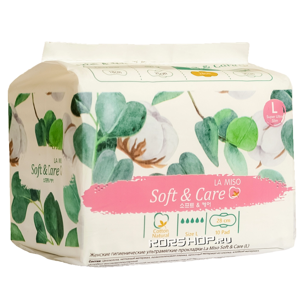 Женские гигиенические ультрамягкие прокладки Soft & Care La Miso (L), Корея Женские гигиенические ультрамягкие прокладки Soft & Care La Miso (L), Корея