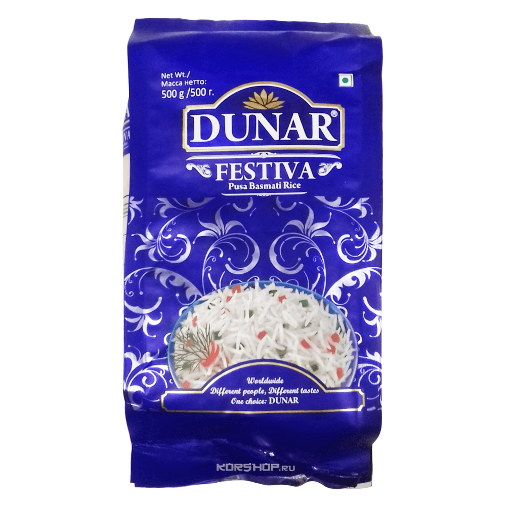 Шлифованный длиннозерный рис Басмати Фестива Dunar, Индия, 500 г Шлифованный длиннозерный рис Басмати Фестива Dunar, Индия, 500 г