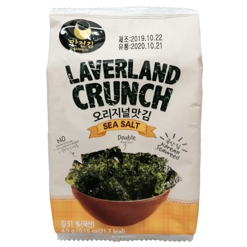 Блок (9 уп. по 4,5 г) Хрустящая морская капуста с морской солью Манджун / Manjun, Корея, 4,5 г х 9 шт.