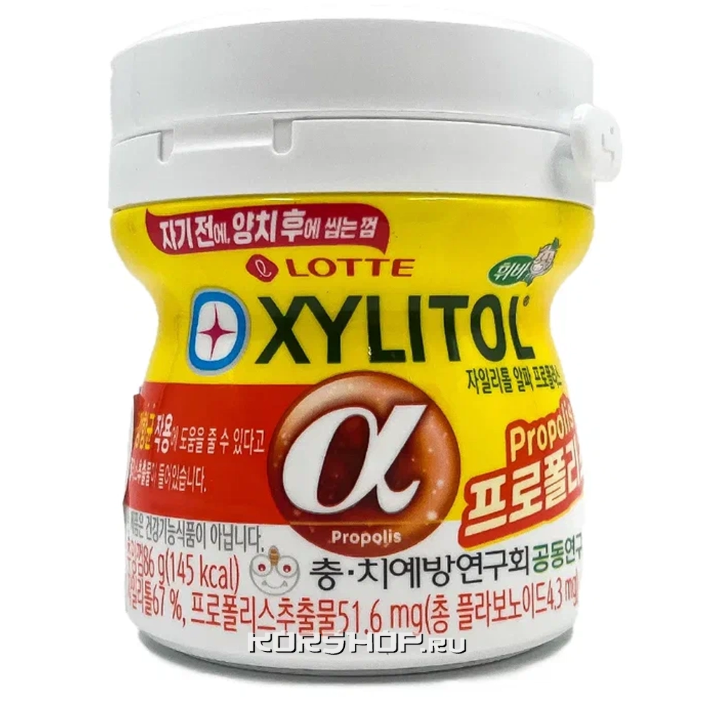 Жевательная резинка с α-прополисом Xylitol Propolis Lotte, Корея, 86 г