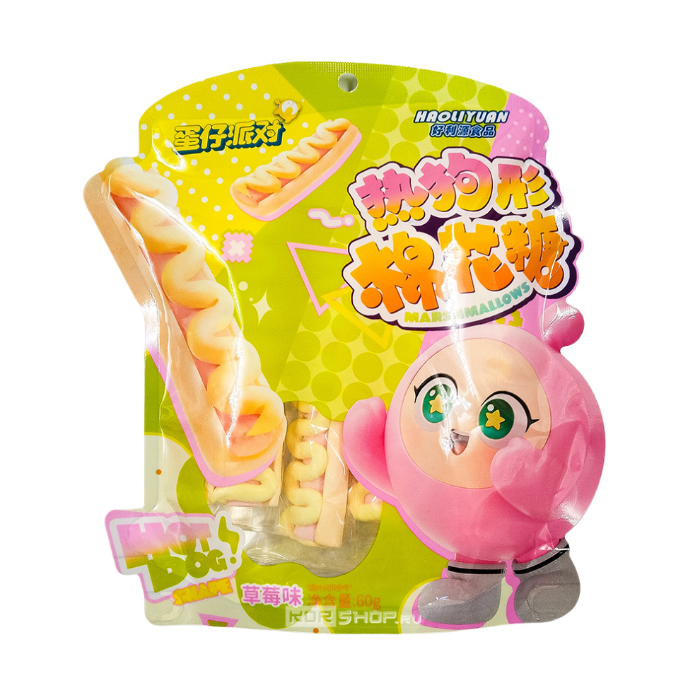 Маршмеллоу с клубничным вкусом в виде хот-дога Haoliyuan, Китай, 60 г Маршмеллоу с клубничным вкусом в виде хот-дога Haoliyuan, Китай, 60 г