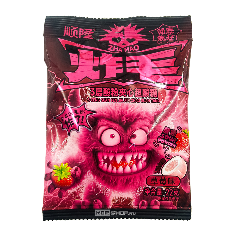 Суперкислые трехслойные конфеты с клубничным вкусом Shun Long Food, Китай, 22 г
