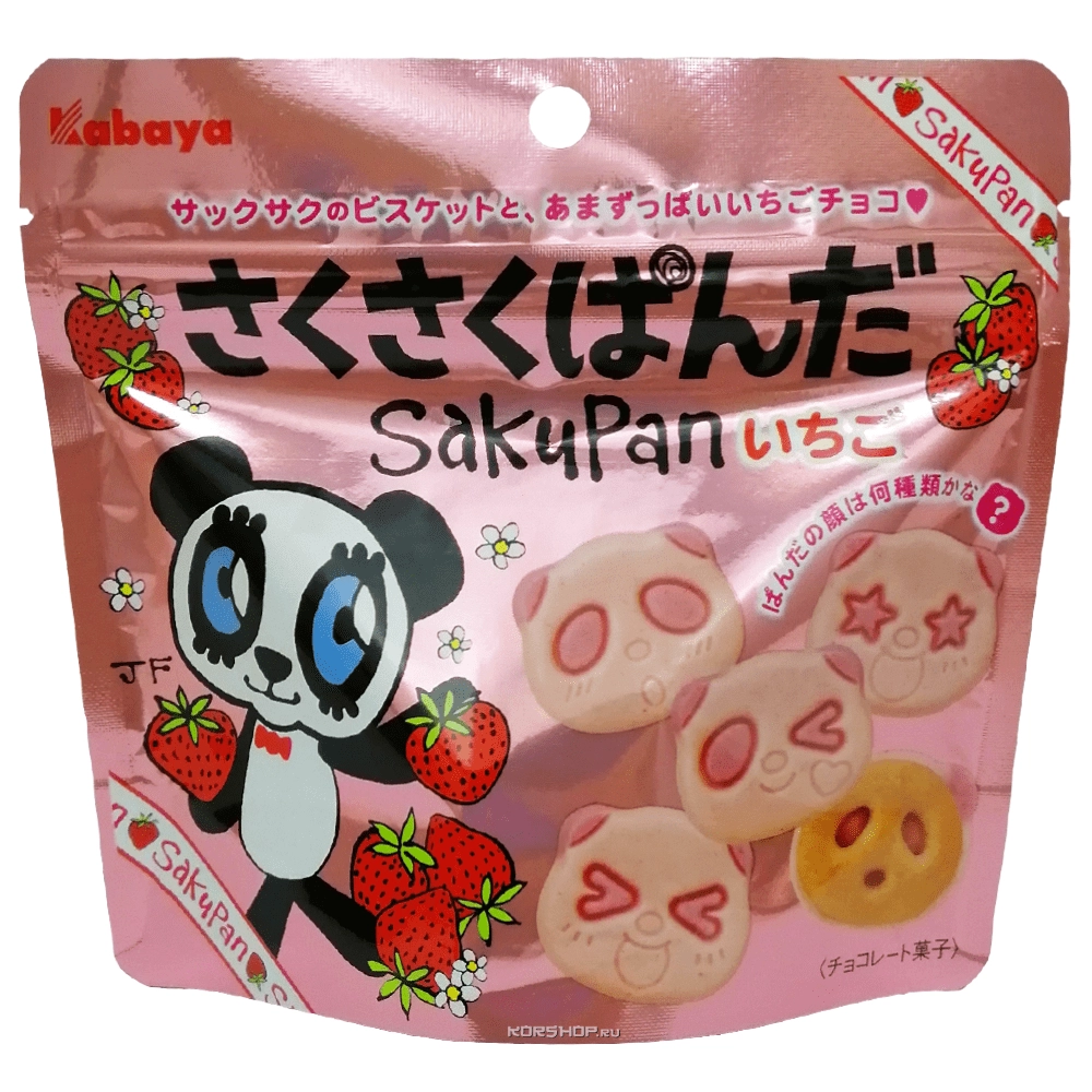 Бисквитное печенье со вкусом клубники «Мишки Панда» Kabaya, Япония, 47 г