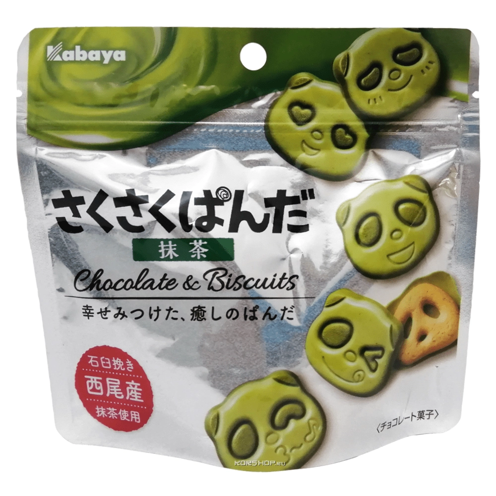 Бисквитное печенье с шоколадом со вкусом чая матча Мишки Панда Kabaya, Япония, 48 г