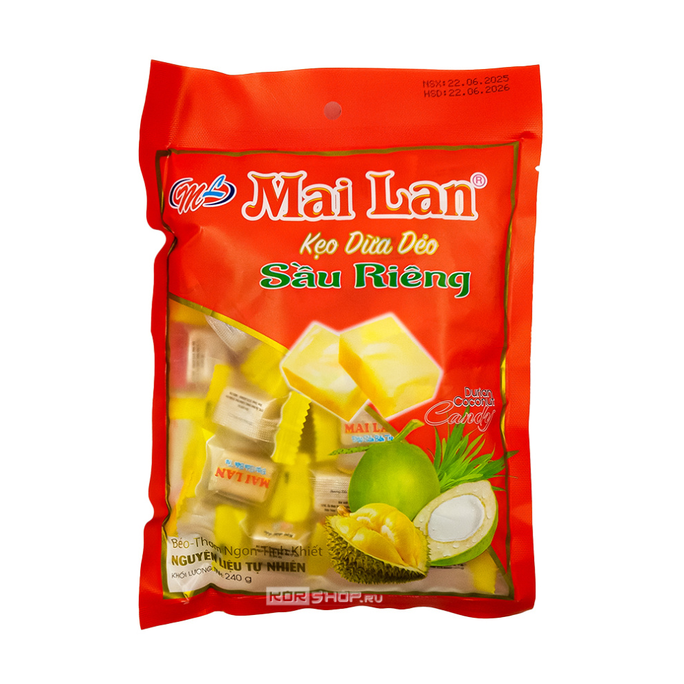 Вьетнамские кокосовые конфеты с дурианом Май Лан (sau-rieng), 240 г Вьетнамские кокосовые конфеты с дурианом Май Лан (sau-rieng), 240 г