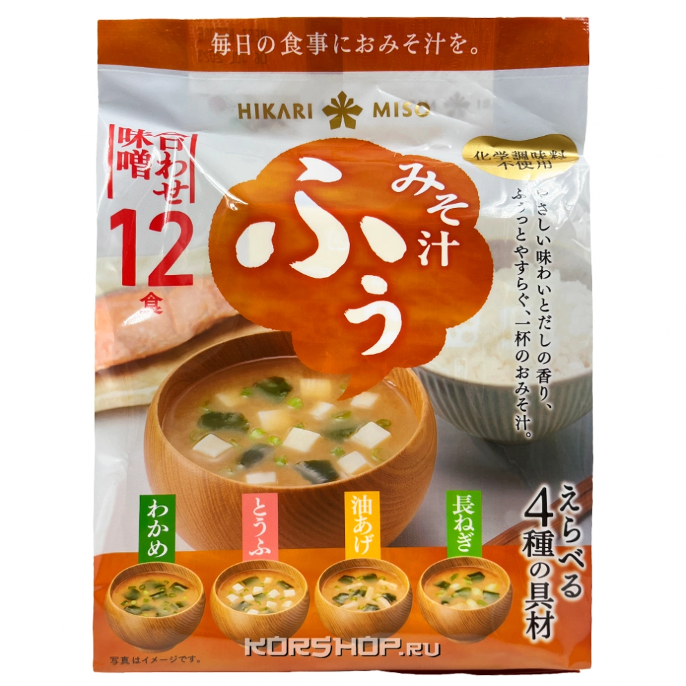 Суп Мисо б/п Ассорти (4 вида) Hikari Miso (12 порций), Япония, 177 г Суп Мисо б/п Ассорти (4 вида) Hikari Miso (12 порций), Япония, 177 г