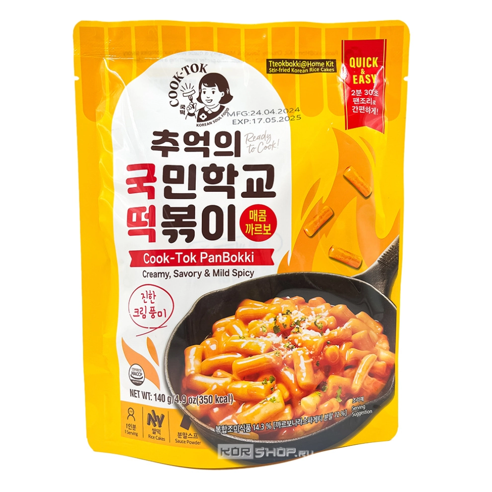 Рисовые палочки Токпокки с острым соусом Карбонара (пауч) Tteokbokki Spicy Carbonara for Pan-frying Cook-Tok, Корея, 140 г