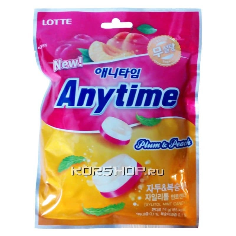 Леденцы Ксилитол Энитайм со вкусом сливы и персика (Xylitol Anytime, Plum and Peach) Lotte без сахара, Корея, 60 г