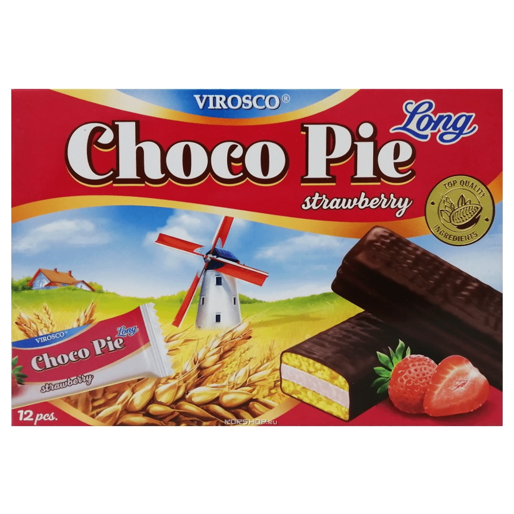 Шоколадные пирожные со вкусом клубники Чоко Пай Choco Pie Long Virosco (12 шт.), Вьетнам.