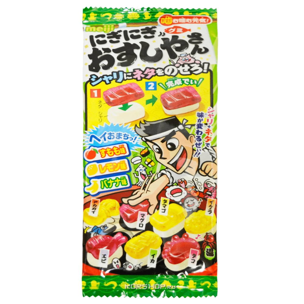 Жевательный мармелад в форме суши (персик, лимон, банан) Meiji, Япония, 22 г
