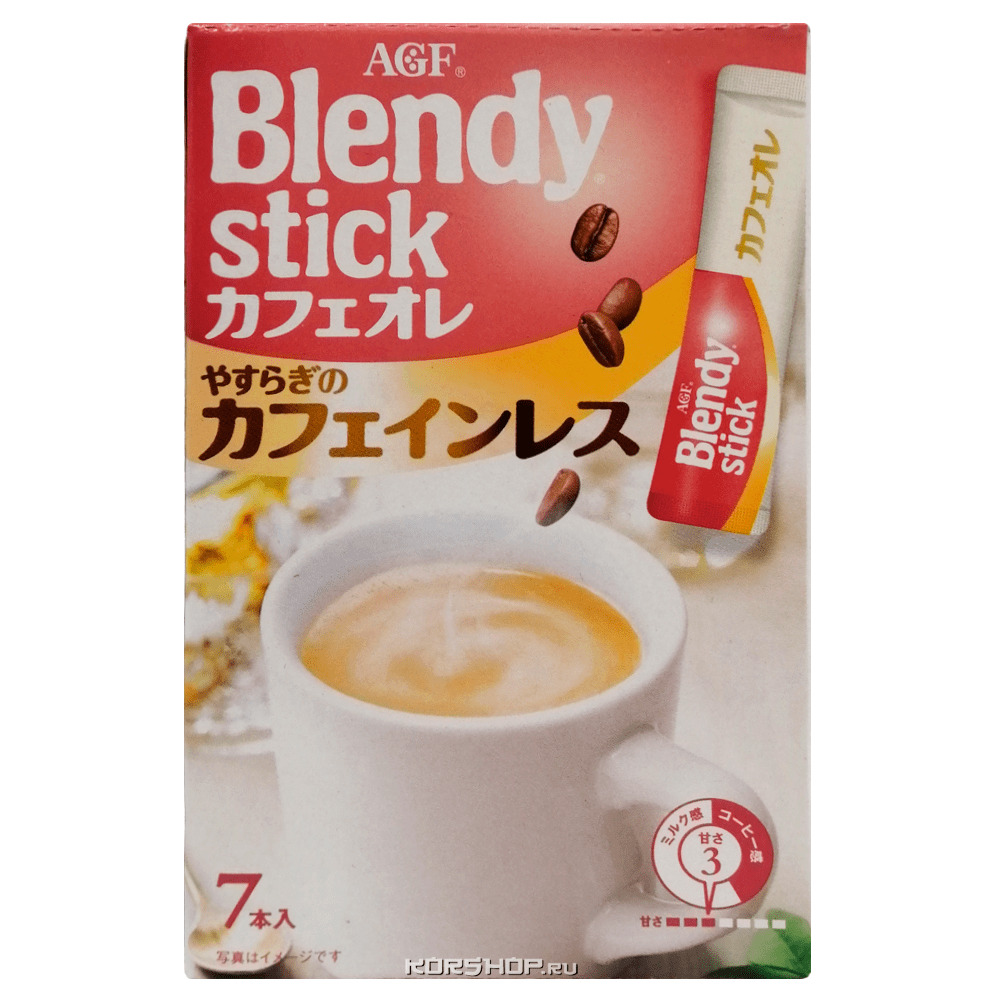 Растворимый кофе с молоком и пониженным содержанием кофеина 3 в 1 Blendy Stick AGF, Япония, 63 г (9 г х 7 шт.)