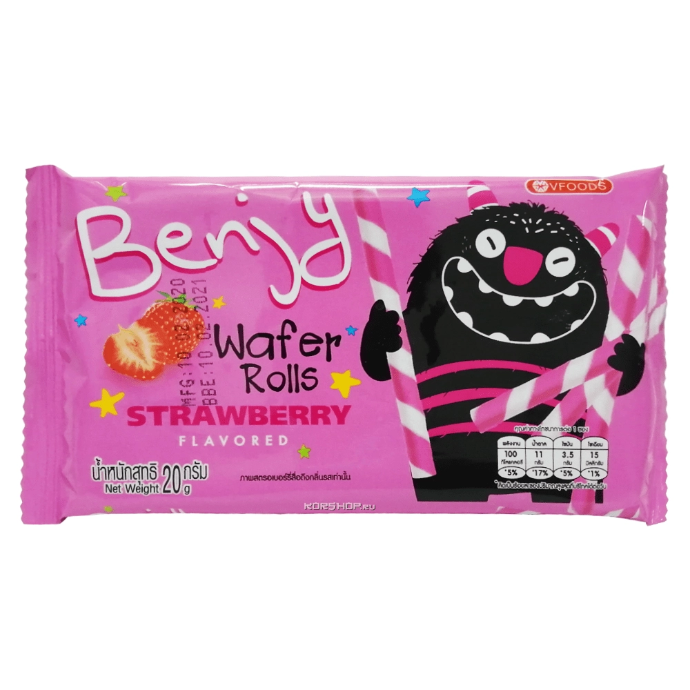 Вафельные трубочки с клубничной начинкой Benjy VFoods, Таиланд, 20 г Вафельные трубочки с клубничной начинкой Benjy VFoods, Таиланд, 20 г