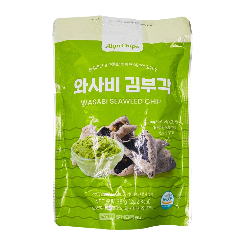 Снеки из морских водорослей с васаби в хрустящем кляре AlgaChips, Корея, 35 г Снеки из морских водорослей с васаби в хрустящем кляре AlgaChips, Корея, 35 г