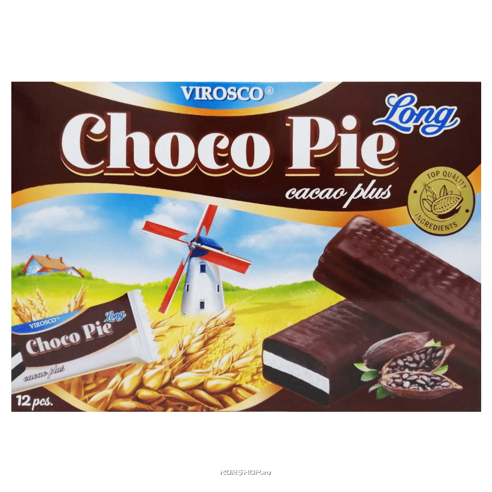 Шоколадные пирожные со вкусом какао Чоко Пай Choco Pie Long Cacao Plus Virosco (12 шт.), Вьетнам