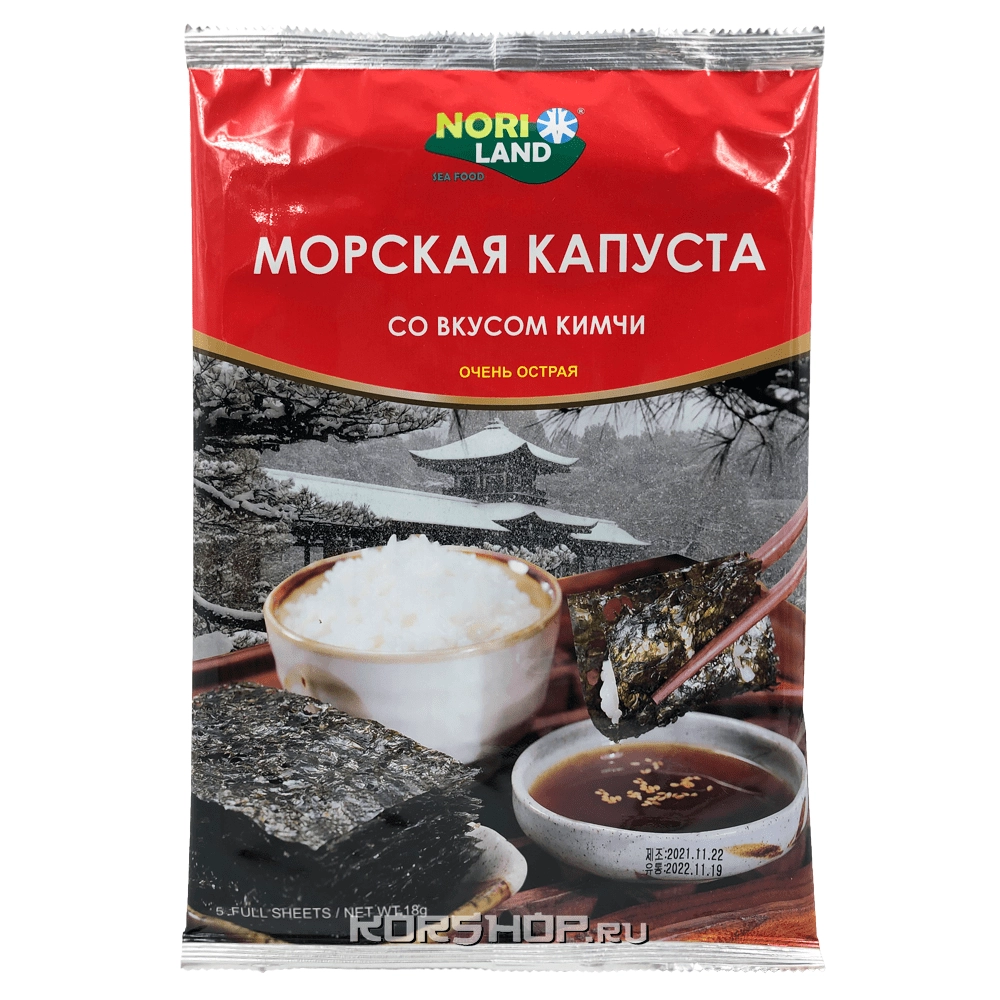 Хрустящая морская капуста со вкусом кимчи Nori Land, 18 г