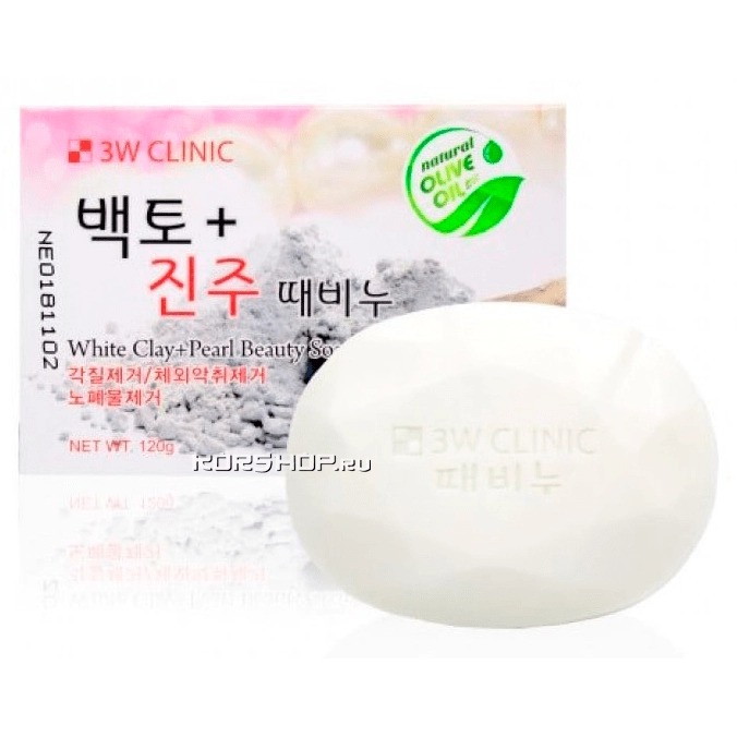 Кусковое мыло для лица с жемчугом и белой глины White clay+Pearl Beauty Soap 3W Clinic, Корея, 150 г