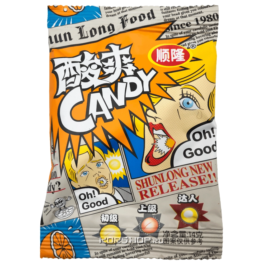 Кислая конфета со вкусом апельсина в бумажной упаковке SHAN LONG, Китай, 14 г