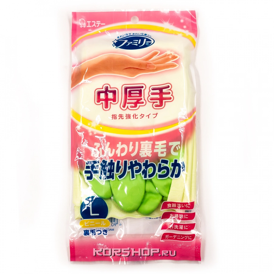 Толстые хозяйственные перчатки из ПВХ с хлопковым покрытием зеленые Antiviral S.T. Corp (размер L), Япония Толстые хозяйственные перчатки из ПВХ с хлопковым покрытием зеленые Antiviral S.T. Corp (размер L), Япония