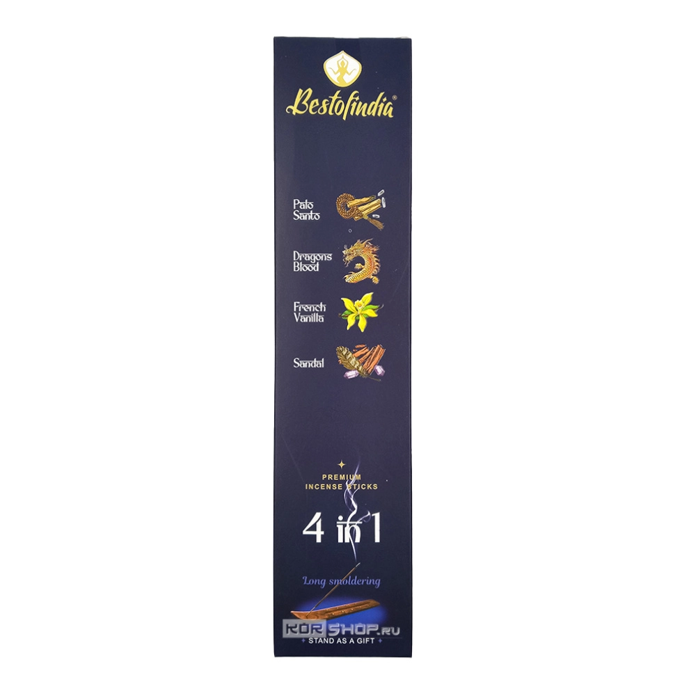 Ароматические палочки 4 в 1 (Пало Санто, Кровь Дракона, Французская ваниль, Сандал) с подставкой Bestofindia, Индия, 20 шт. Ароматические палочки 4 в 1 (Пало Санто, Кровь Дракона, Французская ваниль, Сандал) с подставкой Bestofindia, Индия, 20 шт.
