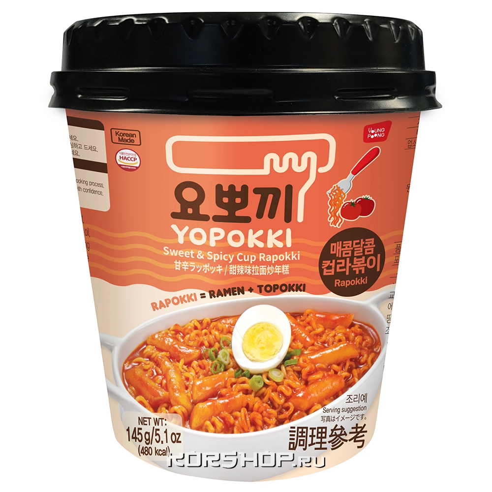 Рисовые клецки с лапшой (рапокки) в остро-сладком соусе Yopokki, Корея, 145 г Рисовые клецки с лапшой (рапокки) в остро-сладком соусе Yopokki, Корея, 145 г