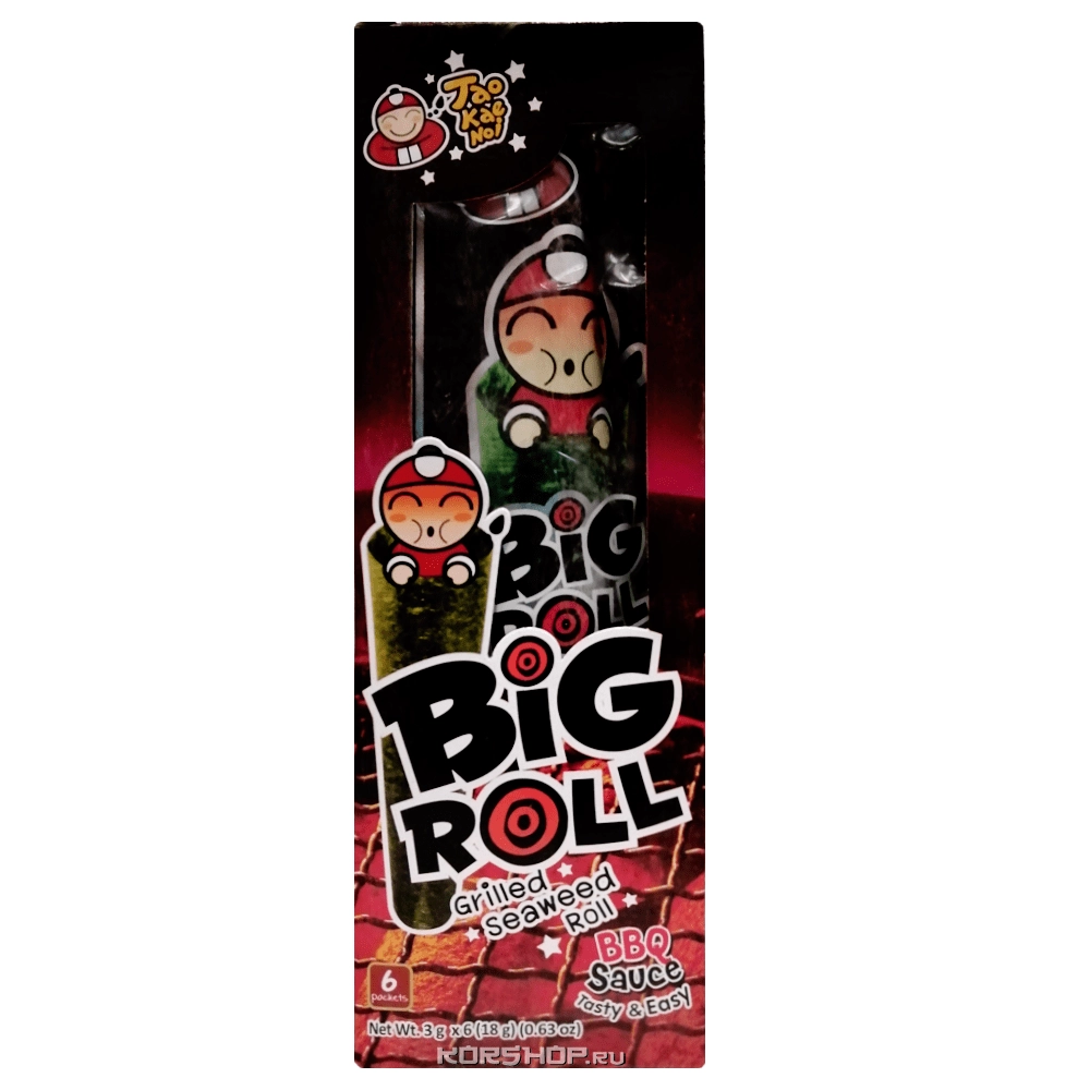 Жаренный на гриле ролл из морских водорослей со вкусом барбекю Big Roll TaoKaeNoi, Таиланд, 18 г (6 шт.) Жаренный на гриле ролл из морских водорослей со вкусом барбекю Big Roll TaoKaeNoi, Таиланд, 18 г (6 шт.)