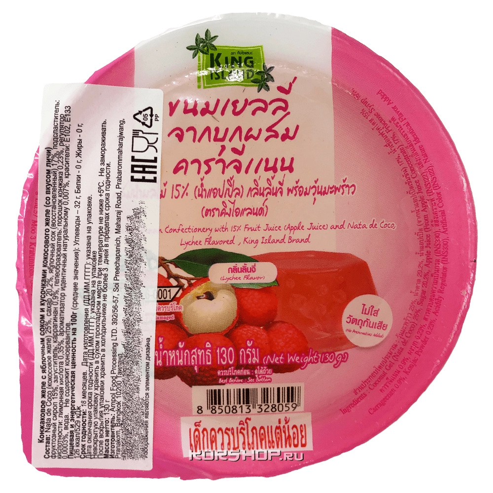 Конжаковое желе с яблочным соком и кусочками кокосового желе со вкусом личи King Island, Таиланд, 130 г