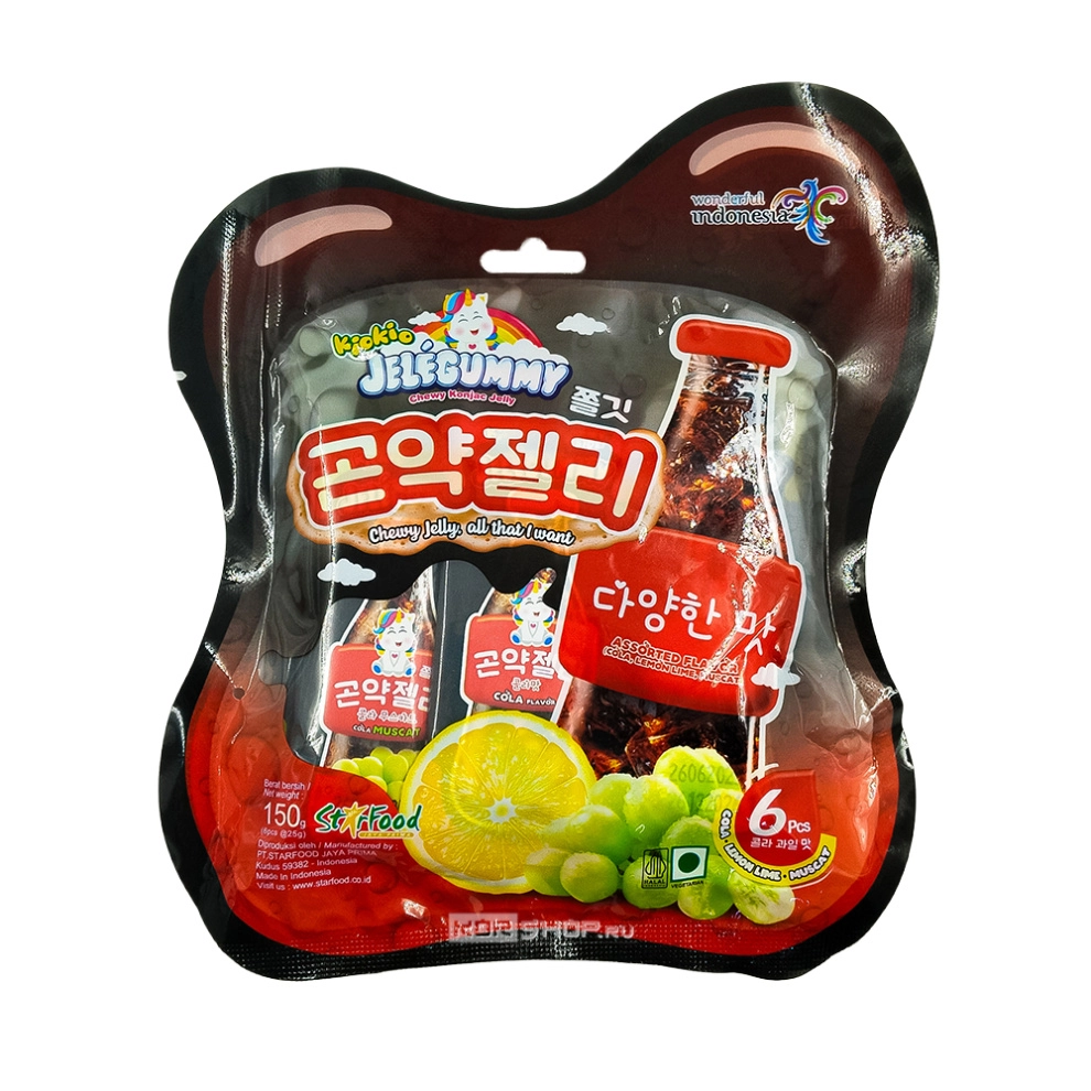 Желе жевательное конняку со вкусами колы, лимона, муската (Cola Pack) JeleGummy KioKio Star Food, Индонезия, 150 г