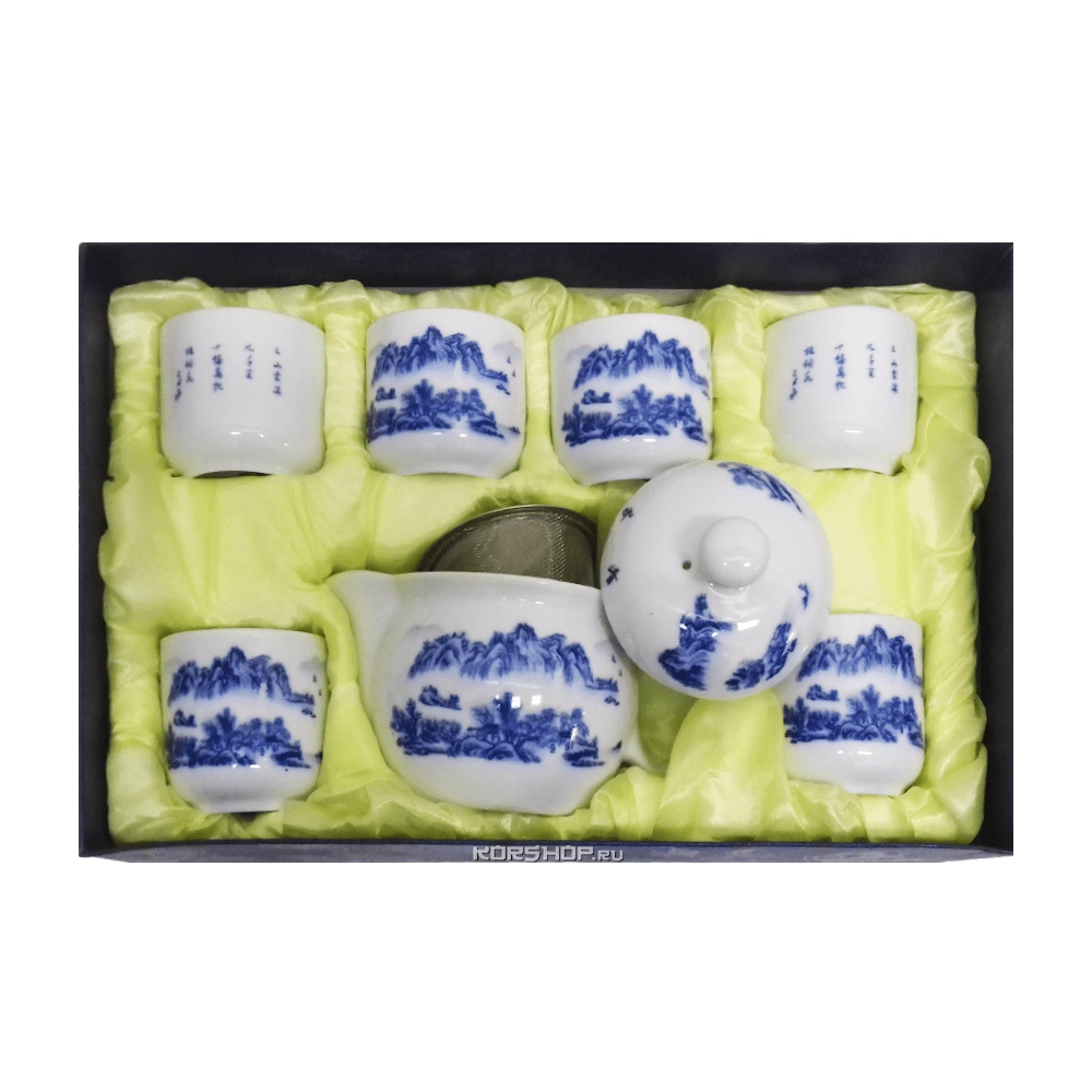 Чайный набор &quot;Синие горы&quot; с голубым рисунком на 6 персон, Китай 120932
