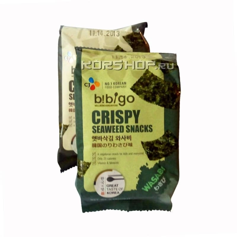Морская капуста хрустящие снеки со вкусом васаби Bibigo, CJ Корея 5 г Морская капуста хрустящие снеки со вкусом васаби Bibigo, CJ Корея 5 г