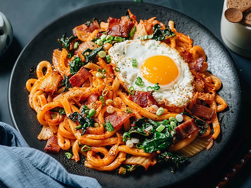 Лапша удон с беконом и кимчи 