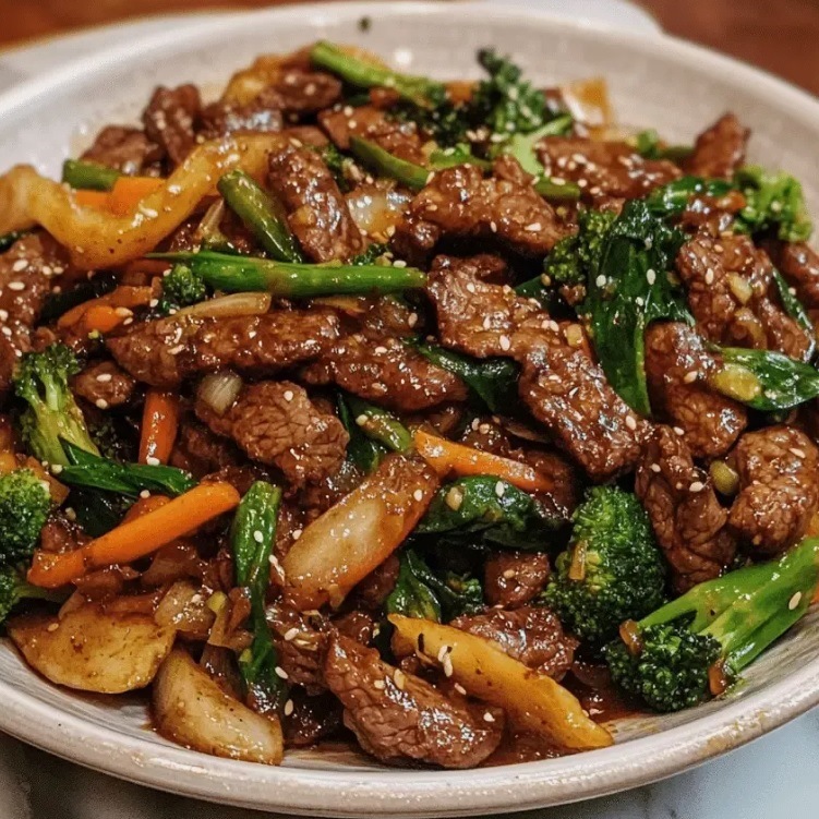 Говядина стир‑фрай с имбирем и зелеными овощами