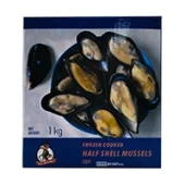 Мидии на половине раковины варёно-мороженые шоковой заморозки Frozen Cooked Half Shell Mussels IQF (Mytilus Edulis) 30/40 шт/1 кг, Китай
