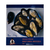 Мидии на половине раковины варёно-мороженые шоковой заморозки Frozen Cooked Half Shell Mussels IQF (Mytilus Edulis) 30/40 шт/1 кг, Китай